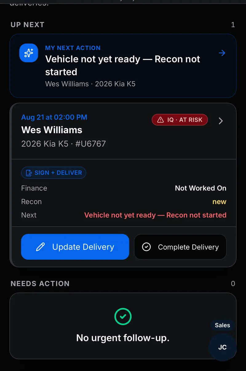 Delivery Day OS mobile My Tasks views showing an at-risk delivery and a delivery ready for customer arrival.