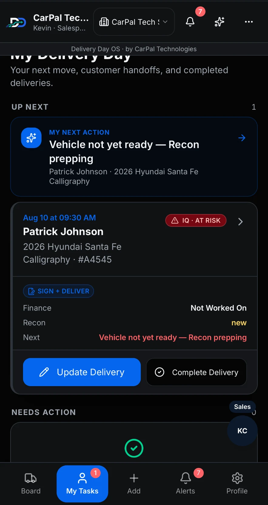 Delivery Day OS mobile view showing an at-risk vehicle delivery waiting on recon
