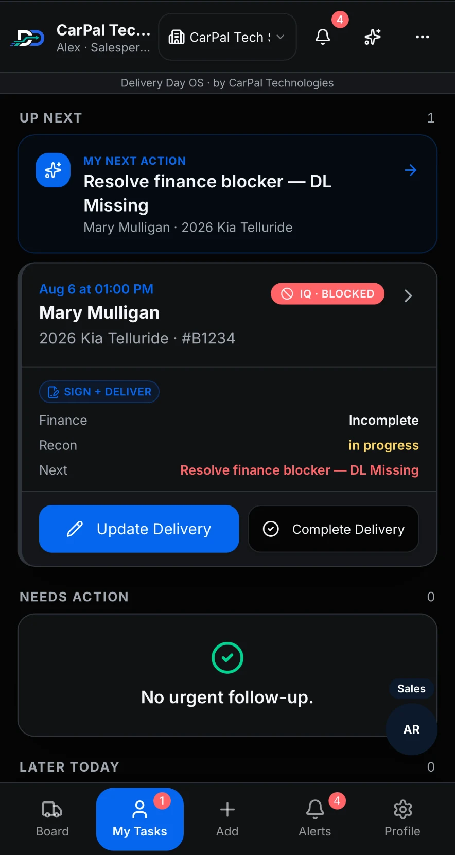 Delivery Day OS mobile view showing a dealership finance blocker and next action